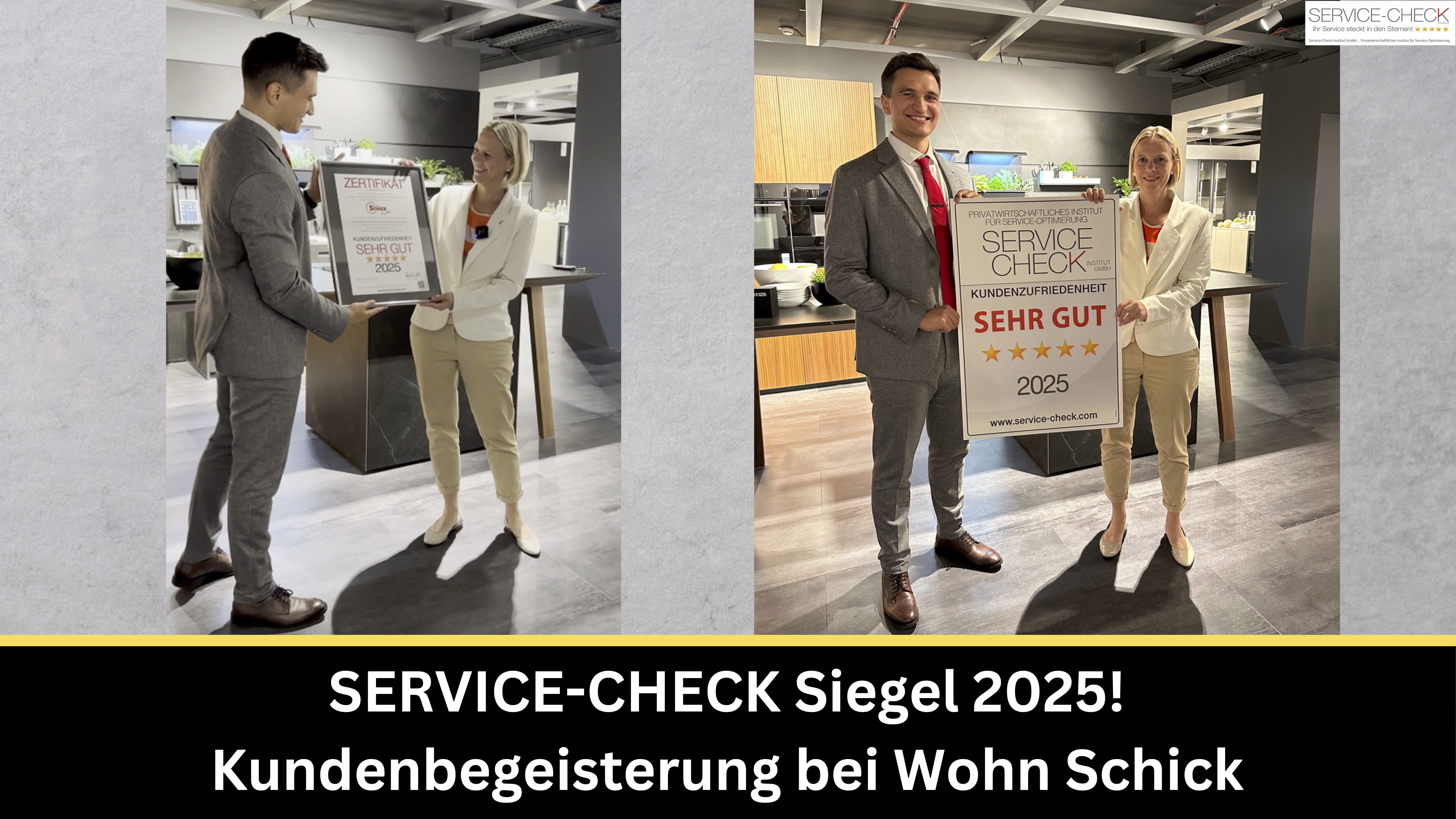 Service-Check Auszeichnung bei Wohn Schick 2025 (Personen von l.n.r.: Pablo C. Gräfrath - Institut SERVICE-CHECK, Judith Schick-Pieper - Wohn Schick))